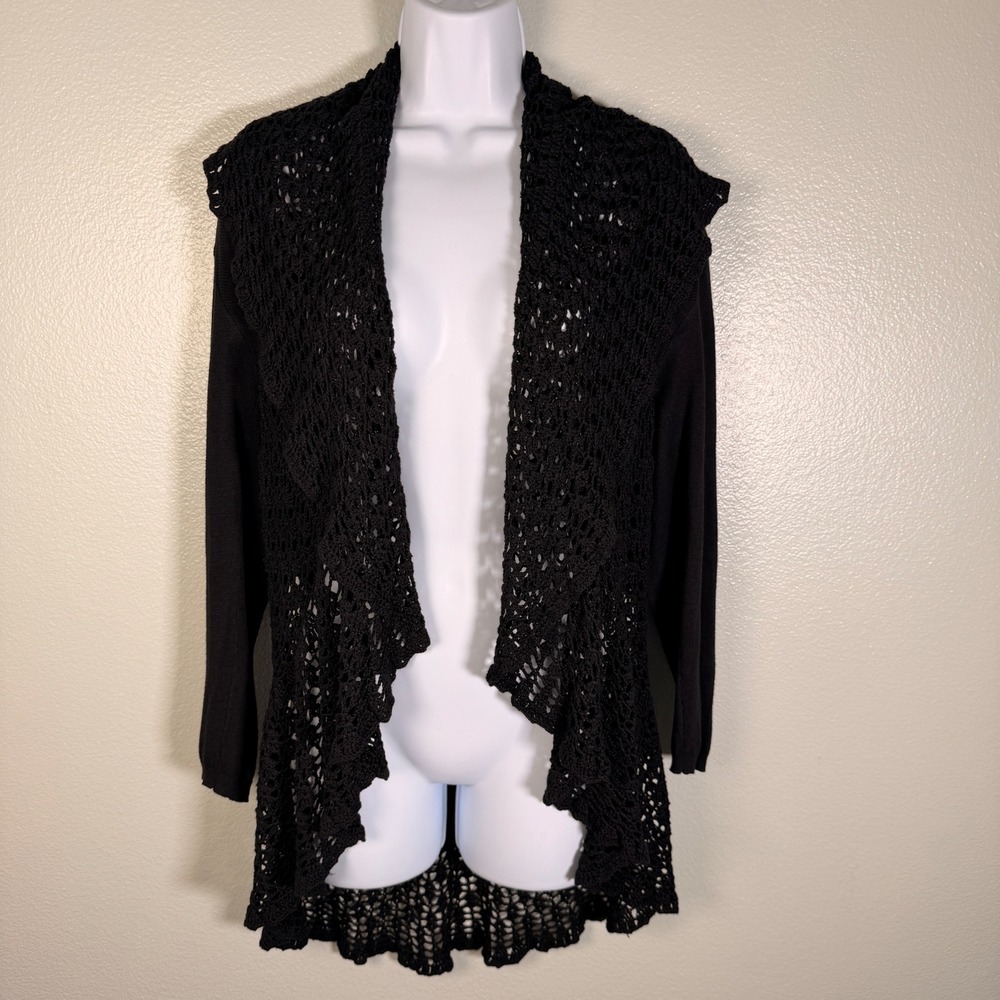 Venue Black Crochet Lace Trim Open Front Cardigan Sweater Viscose Cotton Large